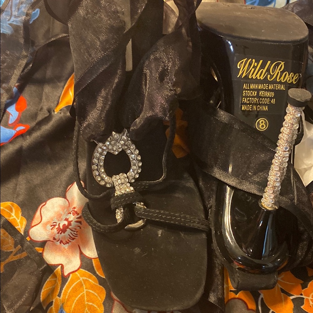 Wild Rose Black Heels with Rhinestone Accents